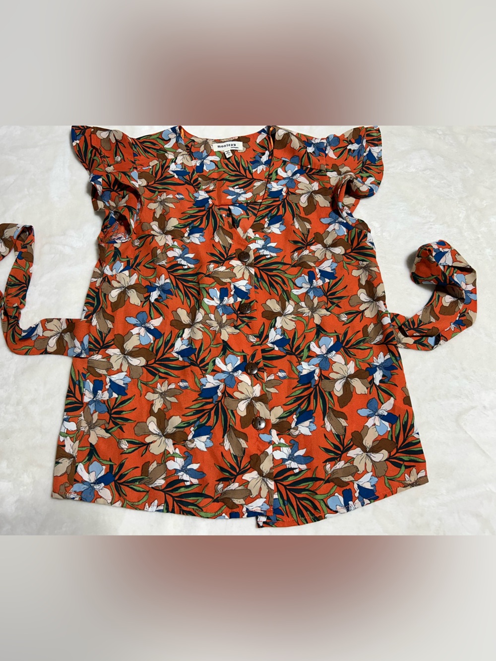 Monteau Orange Floral Tie-Waist Blouse